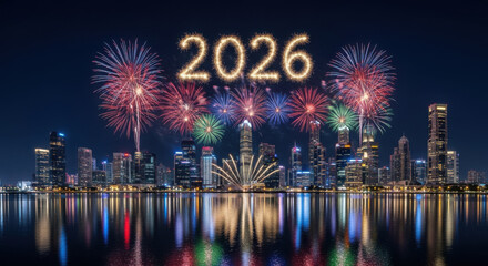 Spectacular fireworks light up the city skyline for the year 2026 celebration