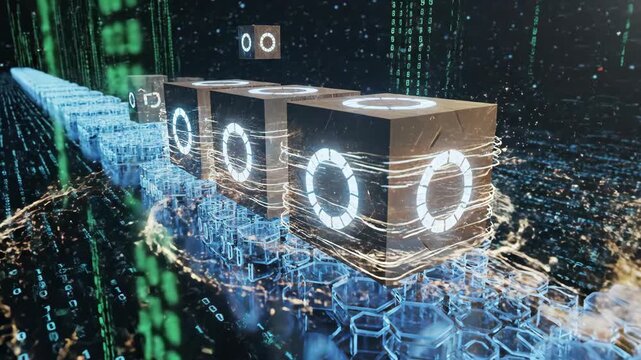 Digital cubes transforming and encrypting data with binary code background. Blockchain technology, cryptocurrency, and web3 network concept.