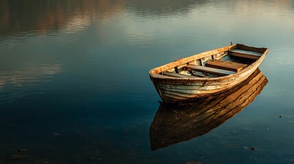 Weathered wooden rowboat floating peacefully on calm, reflective dark water.