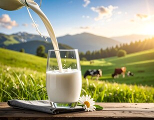 Milk being poured into a glass, cows grazing in a sunny meadow