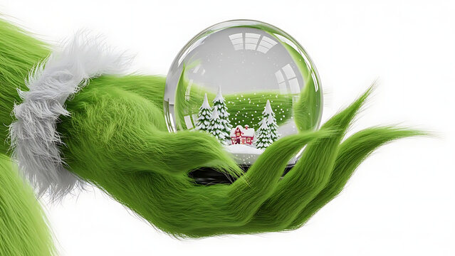 A furry green hand holds a clear glass snow globe featuring a cozy miniature winter landscape with a red house and snow-covered trees.