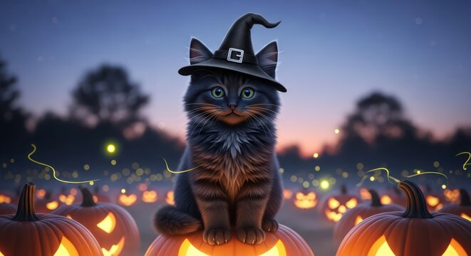 Whimsical halloween scene featuring a cat dressed as a witch sitting on pumpkins