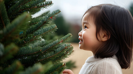 A young child gazes with wonder at a towering evergreen tree, its needles a vibrant green against the soft, overcast sky, sparking a sense of awe and holiday anticipation.