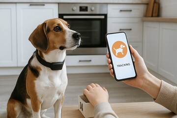 Woman tracking beagle dog with smart collar on smartphone, showing mobile app in kitchen. Pet location technology for safety and wellness.