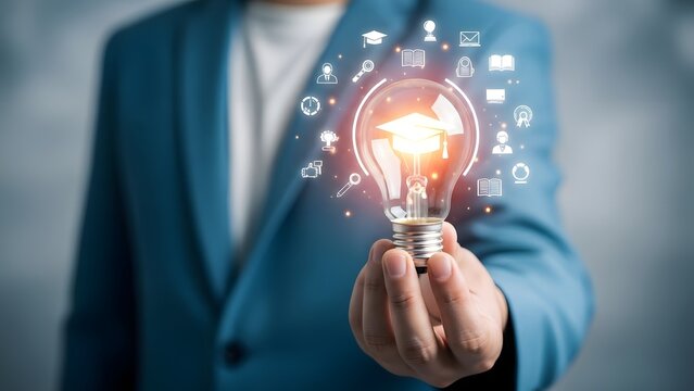 Businessperson holding a glowing light bulb surrounded by technology icons