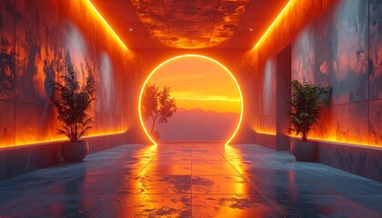 Futuristic corridor with illuminated circle framing a sunset scene