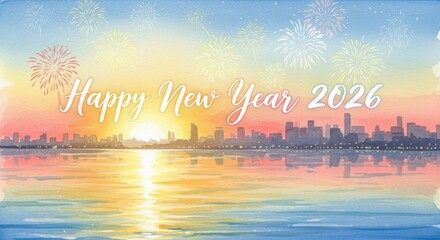 Happy new year 2026 cityscape sunrise reflection with fireworks