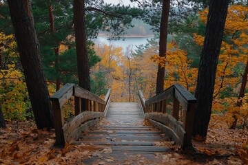 Wooden stairway descending through autumn forest toward lake view, serene fall foliage scenery