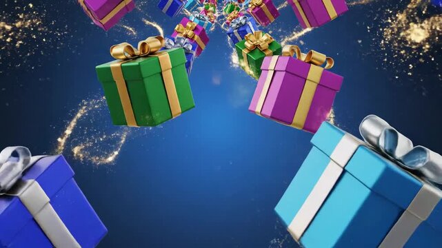 Floating gift boxes with ribbons and bows against abstract background