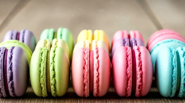 Delicate pastel macarons lined up in rows creating a sweet and visually delightful treat display,