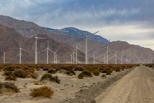 Wind Turbine farm in arid desert 