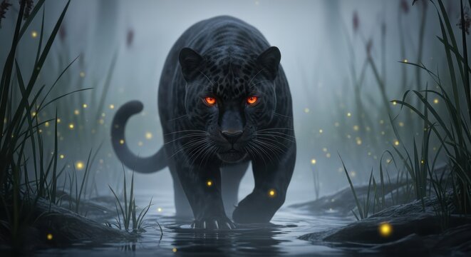 Black panther prowling through misty waters with an intense gaze and firefly glow - Powered by Adobe