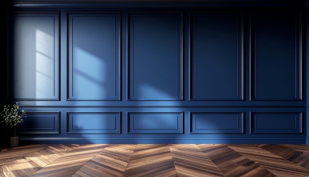 Elegant Blue Wall and Wooden Floor Interior Design with Sunlight