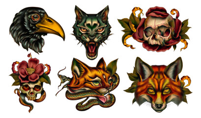 Naklejka premium Colorful Tattoo Style Animal and Skull Illustrations with Floral Elements
