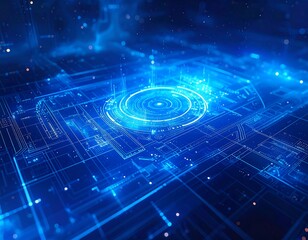 Futuristic digital blue circuit board with light effects and details