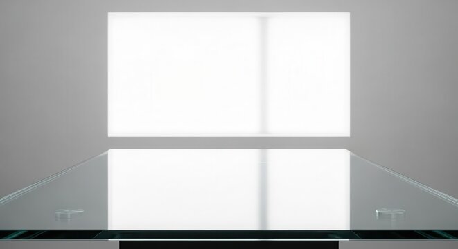 Minimalist interior setting features a reflective glass surface beneath a bright rectangular light source