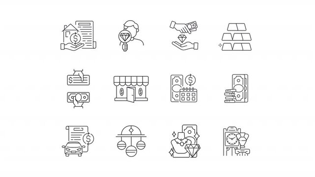 Animated pawn shop line icons. Borrow money for valuable items animation set. Loan security. Financial support. Landing cash. Outline elements on white background. HD video with alpha channel