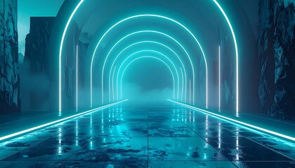 Futuristic tunnel with neon lights, a fog, and wet reflection
