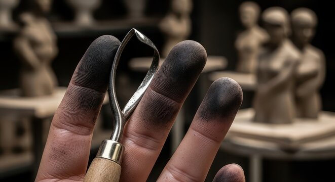 The sculptor's touch: Detail shot of hands shaping clay in a creative workspace - Powered by Adobe