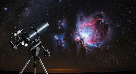 Telescope observing a colorful nebula in the night sky