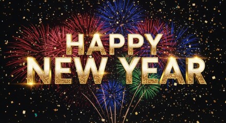 Golden happy new year text over colorful fireworks display