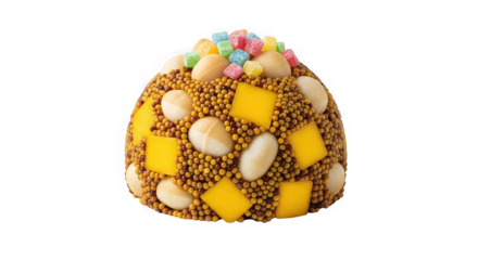 Whimsical egg shaped treat decorated with grains and candies