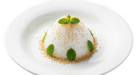 Elegant dessert creation with white glaze and green garnish