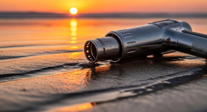 Surreal juxtaposition of industrial equipment on a tranquil beach at sunset showcasing a