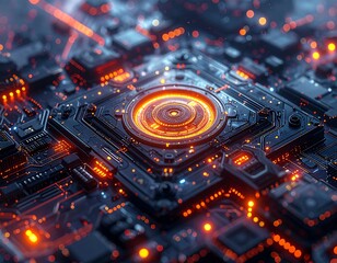 Futuristic digital circuit board with glowing orange details