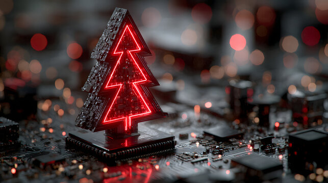 A digital Christmas tree made of neon red microchips stands on a motherboard base. Luminescent circuitry lights create a festive atmosphere. Abstract technology concept.