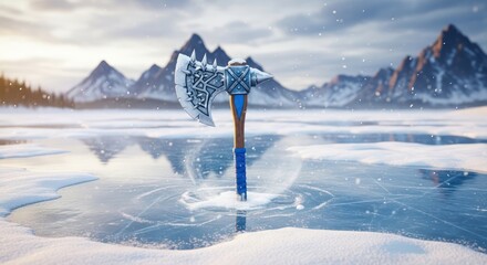 Axe standing on frozen lake surrounded by snowy mountains a captivating winter scene