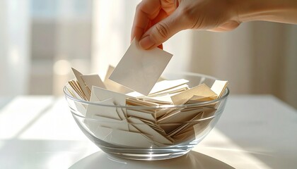 Hand reaching into a glass bowl of white slips for random winner selection in a raffle or lottery 