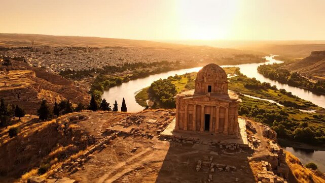 Aerial view of the ancient temple ruins on a hill overlooking a winding river and city at sunset vector illustration