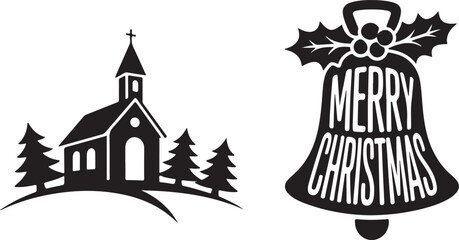 Black and white silhouette of a snowy church and pine trees with a merry christmas bell design on a white background