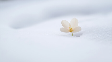 A pristine white flower blooms in the snow. The delicate petals provide a stark contrast against the surrounding icy landscape. A moment of beauty and fragility.