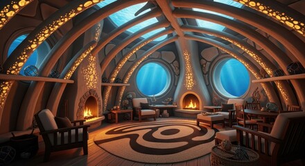 Submerged habitat features luxurious interior with glowing architectural details and round viewing ports displaying ocean water
