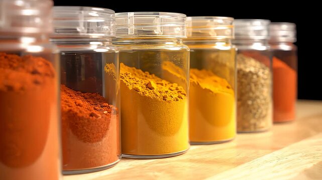 Assorted Spices in Glass Jars Arrange on a Wooden Board in Line