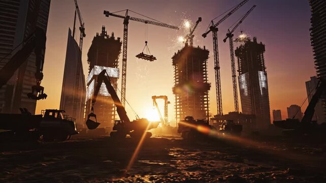 Construction site with cranes and heavy machinery building skyscrapers against a dramatic sunset or sunrise sky vector illustration