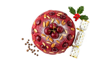 Richly decorated festive christmas cake with cherries and holly