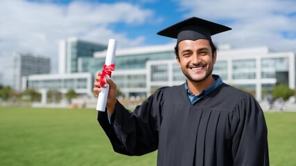 Achieving Dream: An elated graduate, beaming with accomplishment, proudly displays diploma amidst the university setting. A moment of triumph and culmination of academic journey.