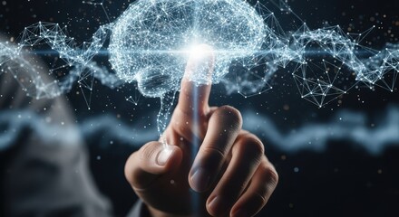 Human finger interacts with glowing digital network representation of a human brain structure