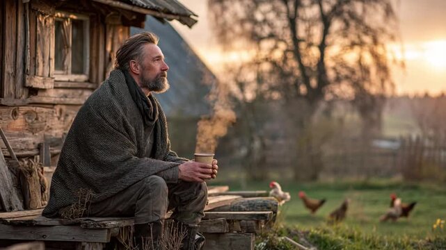 Serene Moment: A weathered individual finds solace on a rustic porch, sipping from a warm mug as the sun rises, the essence of rustic tranquility and quiet contemplation.