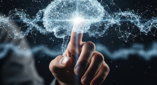 Human finger interacts with glowing digital network representation of a human brain structure