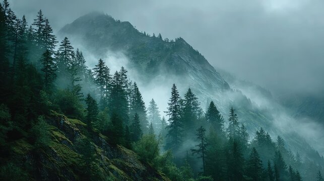 A misty mountain range beneath cloudy sky concept. Misty mountains and dense forests create a serene, tranquil atmosphere.