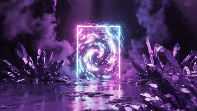 Mystical purple crystal cave with glowing neon portal and swirling energy vortex in dark fantasy setting vector illustration