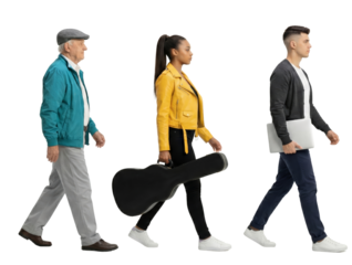 Diverse trio strolling purposefully in a vibrant generational display isolated transparent