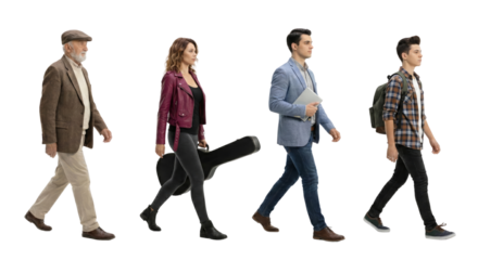 Diverse generations of people confidently walking on isolated transparent background