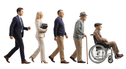 Progression through life stages shown by individuals walking on a transparent setting