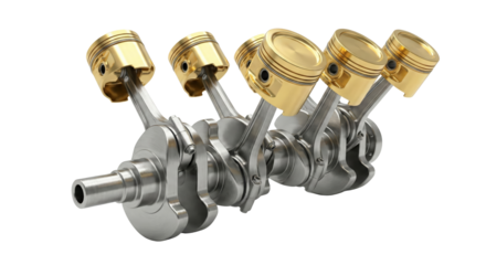 Precision automotive engineering showcasing golden pistons and crankshaft on transparent display