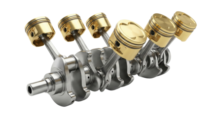 Precision-engineered crankshaft assembly displaying pistons and connecting rods on transparent